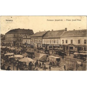 1907 Versec, Vrsac; Ferenc József tér, piac árusokkal, Kern György, Michael Bosnyacski, Adolf Henn, Győri Mór...