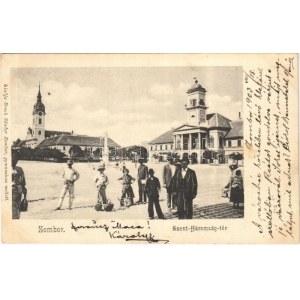 1903 Zombor, Sombor; Szentháromság tér és szobor, templom, városháza. Bruck Sándor kiadása / Trinity square and statue...