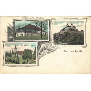 1907 Fraknó, Forchtenstein; vár, Karl Wurzlhofer vendéglője, Rozália kápolna / Schloss, Gasthaus, Rosalia Kapelle ...