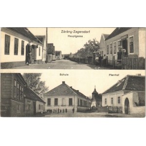 1913 Zárány, Zagersdorf; Fő utca, iskola és plébánia, szövetkezet üzlete / Hauptgasse, Schule, Pfarrhof / main street...
