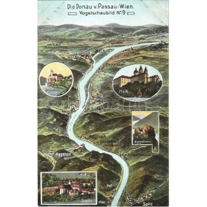 Donau von Passau-Wien. Vogelschaubild No. 9. / map with Danube river. Atelier E. Felle