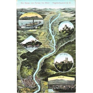 Donau von Passau bis Wien. Vogelschaubild N. IV. / map with Danube river. Atelier E. Felle