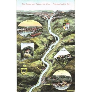 Donau von Passau bis Wien. Vogelschaubild N. I. / map with Danube river. Atelier E. Felle