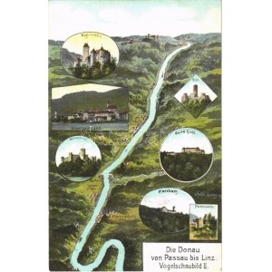 Donau von Passau bis Wien. Vogelschaubild N. II. / map with Danube river. Atelier E. Felle