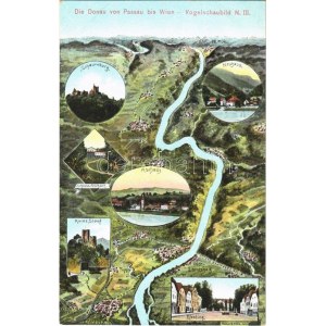 Donau von Passau bis Wien. Vogelschaubild N. III. / map with Danube river. Atelier E. Felle
