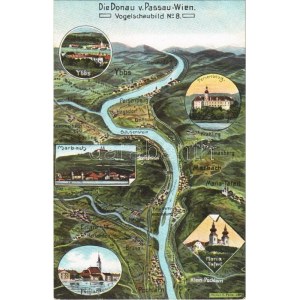 Donau von Passau-Wien. Vogelschaubild No. 8. / map with Danube river. Atelier E. Felle