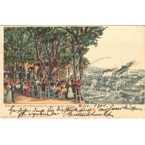 1900 Graz, Gruss aus der Brauerei Puntigam / brewery and garden. Senefelder Art Nouveau, litho
