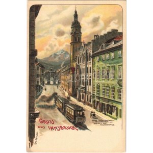 Innsbruck (Tirol), Maria Theresienstrasse mit Triumphpforte und Serles oder Waldrastspitze / street with tram...