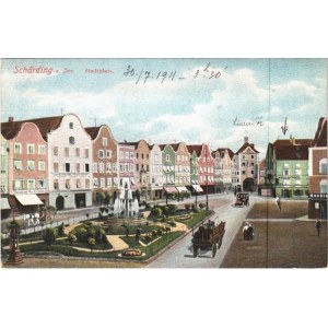 1911 Schärding a. Inn, Stadtplatz, Hotel Altmann, Eisenhandlung Franz Pinter, Baumgartner Wein Kaffeehaus / square...