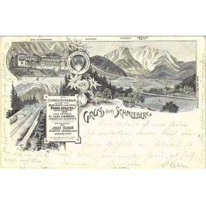 1900 Schneeberg, Hotel Hochschneeberg, Hengstberg, Kaisersein, Schneebergbahn. Mit Herz und Hand fürs Alpenland. Xilogr...