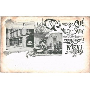 1899 (Vorläufer) Wien, Vienna, Bécs I. Gruss aus dem Cafe & Milch Salon der k.k. Hof-Lieferantin Louise Jesovits...