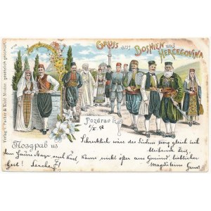 1897 (Vorläufer) Gruss aus Bosnien und Hercegovina! Folklore. Pacher & Kisic Art Nouveau, floral, litho (Rb...