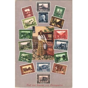 Gruss aus Bosnien und Herzegowina / Greeting from Bosnia and Herzegovina, Art Nouveau stamps (tiny gluemark...