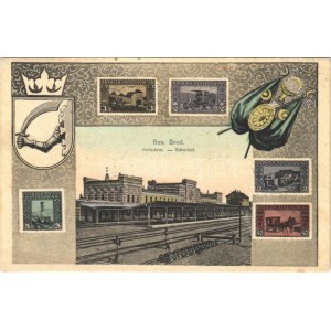 1907 Brod, Bosanski Brod; Kolodvor / Bahnhof / railway station. Art Nouveau, stamps, flag...