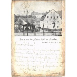 1900 Becov nad Teplou, Petschau; Gruss von der Alten Post, Besitzer Eduard Eckl / restaurant and hotel (worn edges...
