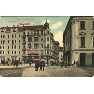 1907 Brno, Brünn; Rennergasse mit Stock im Eisen, Haus und Hotel Pilsnerhof, Glas Porzellan u. Steingutwaren / street...
