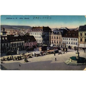 1914 Jablonec nad Nisou, Gablonz; Alter Markt / market, trams, Hotel Erlebach, shops of Carls Weiss and Blumen (EK...