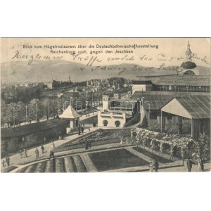 1906 Liberec, Reichenberg; Blick vom Hügelrestaurant über die Deutschböhmische Ausstellung gegen den Jeschken ...