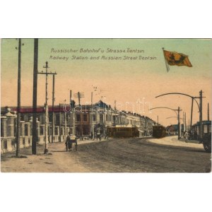 1913 Tianjin, Tientsin; Russischer Bahnhof und Strasse / Russian railway station and street, trams (EK...