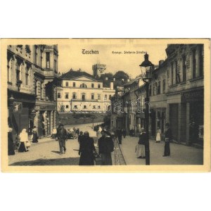 1909 Cieszyn, Teschen; Kronpr. Stefanie Strasse, Zur Wiener Mode, Prochaska, Schuhwaren / street...