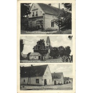 Osiek, Hennersdorf (Kr. Ohlau, Olawa); Kirche mit Dorfpartie, Alois Schmiedel Warenhandlung, Krause's Bäckerei u...
