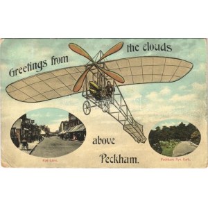 Peckham (London), Greetings from the clouds above Rye Lane and Park. Montage with aircraft (Rb)