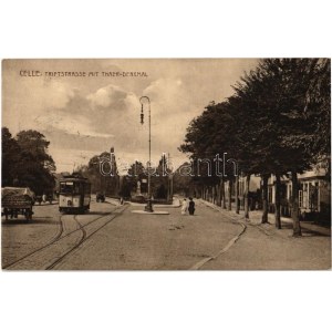 1915 Celle, Triftstrasse mit Thaer-Denkmal / street, tram, statue, horse cart