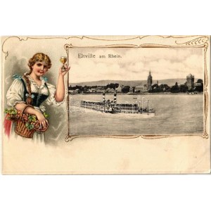 1908 Eltville am Rhein. Dampfer / steamship. Lady, folklore Emb. litho
