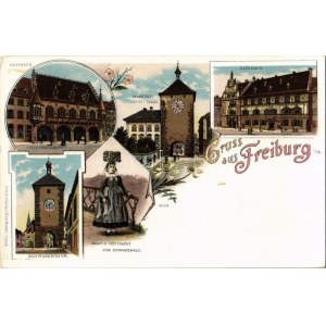 Freiburg im Breisgau, Martinsthor, Kaufhaus, Schwabenthor, Rathhaus, Braut- u. Festtracht vom Schwarzwald / gates...