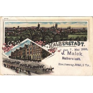 1898 (Vorläufer) Halberstadt, Spiegelstrasse, Die Bismark Kürassiere / street, military parade, Cuirassiers (fl...