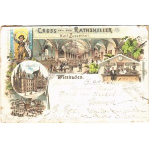 1896 (Vorläufer) Wiesbaden, Gruss aus dem Rathskeller Karl Bausenhart, Rathhaus, In Vino Veritas / town hall...