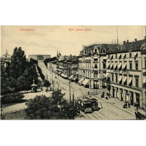Oslo, Christiania, Kristiania; Karl Johans Gade / street, Grand Hotel, trams