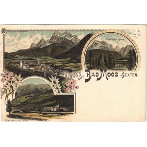 Sesto, Sexten (Südtirol); Bad Moos m. d. Helm, Fischleinthal. Art Nouveau, floral, litho (cut)