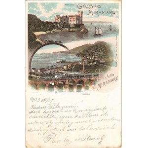 1903 Trieste, Gruss aus Miramare, S. Bartolo Barcola / castle, railway bridge, locomotive. Louis Glaser Art Nouveau...