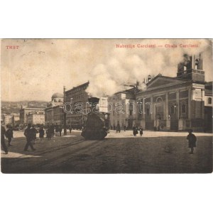 1911 Trieste, Trieszt, Trst; Nabrezje Carciotti / Obala Carciotti / street, urban railway, locomotive / városi vasút...