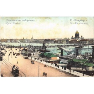 1907 Saint Petersburg, St. Petersbourg; Quai Nicolas / quay, horse-drawn tram, steamship (EK)