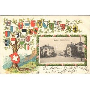 1907 Buchs, Bahnhofstrasse / street views. Art Nouveau, embossed litho, coat of arms (EK)