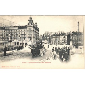 Zürich, Quaibrücke mit Hotel Bellevue, Etoile d'Or / korai gőz úthenger és villamosok / bridge, trams...