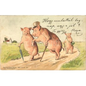 1899 (Vorläufer) Malac udvarló / Pigs on a walk. Gebrüder Obpacher Serie VI. No. 15994. litho