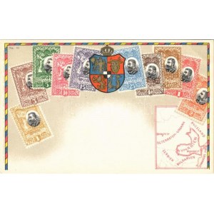 Román bélyegek és címer térképpel. Dombornyomott litho / Romanian stamps and coat of arms with map...