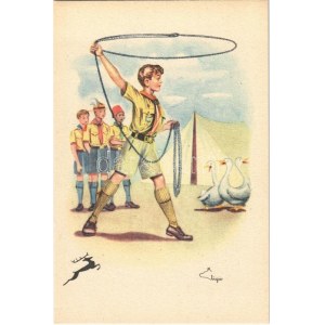 1933 Gödöllő, Cserkész Világ Jamboree: cserkész fiú lasszóval. Olasz kiadás / IV. Scout Jamboree...