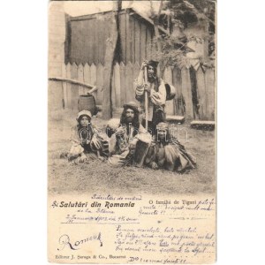 1903 Salutari din Romania, O familié de Tigani. Editeur J. Saraga & Co. / Román cigány család ...