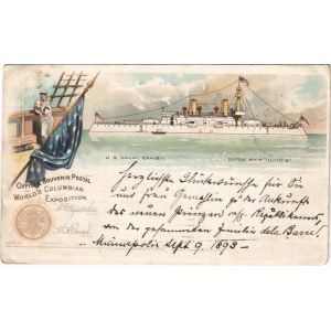 1893 (Vorläufer) US Naval Exhibit, Battleship Illinois. Official Souvenir Postal World's Columbian Exposition...