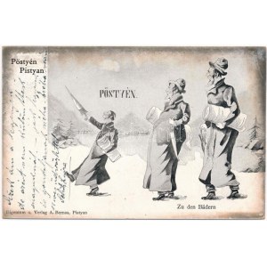 1904 Pöstyén, Pistyan, Piestany; Humoros antiszemita judaika művészlap / Zu den Bädern. Eigenthum und Verlag A. Bernas ...