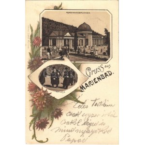 1898 (Vorläufer) Gruss aus Marienbad! Ferdinandbrunnen, Kur-Idyll / Zsidó férfiak a gyógyparkban. Judaika ...