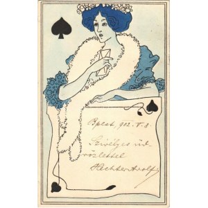 1902 Pikk dáma (Francia kártya) / Queen of Spades (French card). Art Nouveau, Emb. B.R.W. 409. (EK...