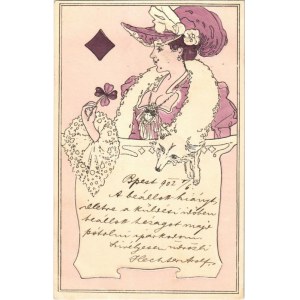 1902 Káró dáma (Francia kártya) / Queen of Diamonds (French card). Art Nouveau, Emb. B.R.W. 409. (EK...