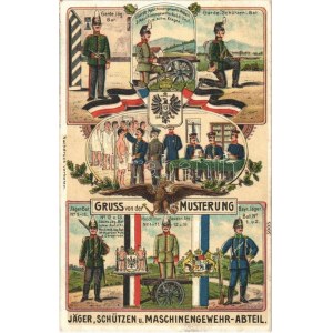 Gruss von der Musterung: Jäger, Schützen u. Maschinengewehr-Abteil / German military art postcard...