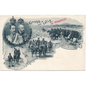 1897 Vorläufer) Gruss aus Totis an Budapest. Erinnerung an die Kaiser-Manöver, Franz Josef, Wilhelm II. ...