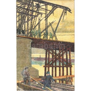 Eisenbahner-Postkarte Balkanzug für Kriegerheimstätten. Brückenbau bei Belgrad. Druck von A. Haase / WWI K.u.K...